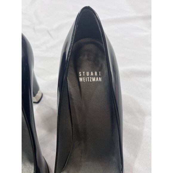 Stuart Weitzman Peep Toe Block Heel Size 8.5 M Black Patent Leather - Picture 7 of 8